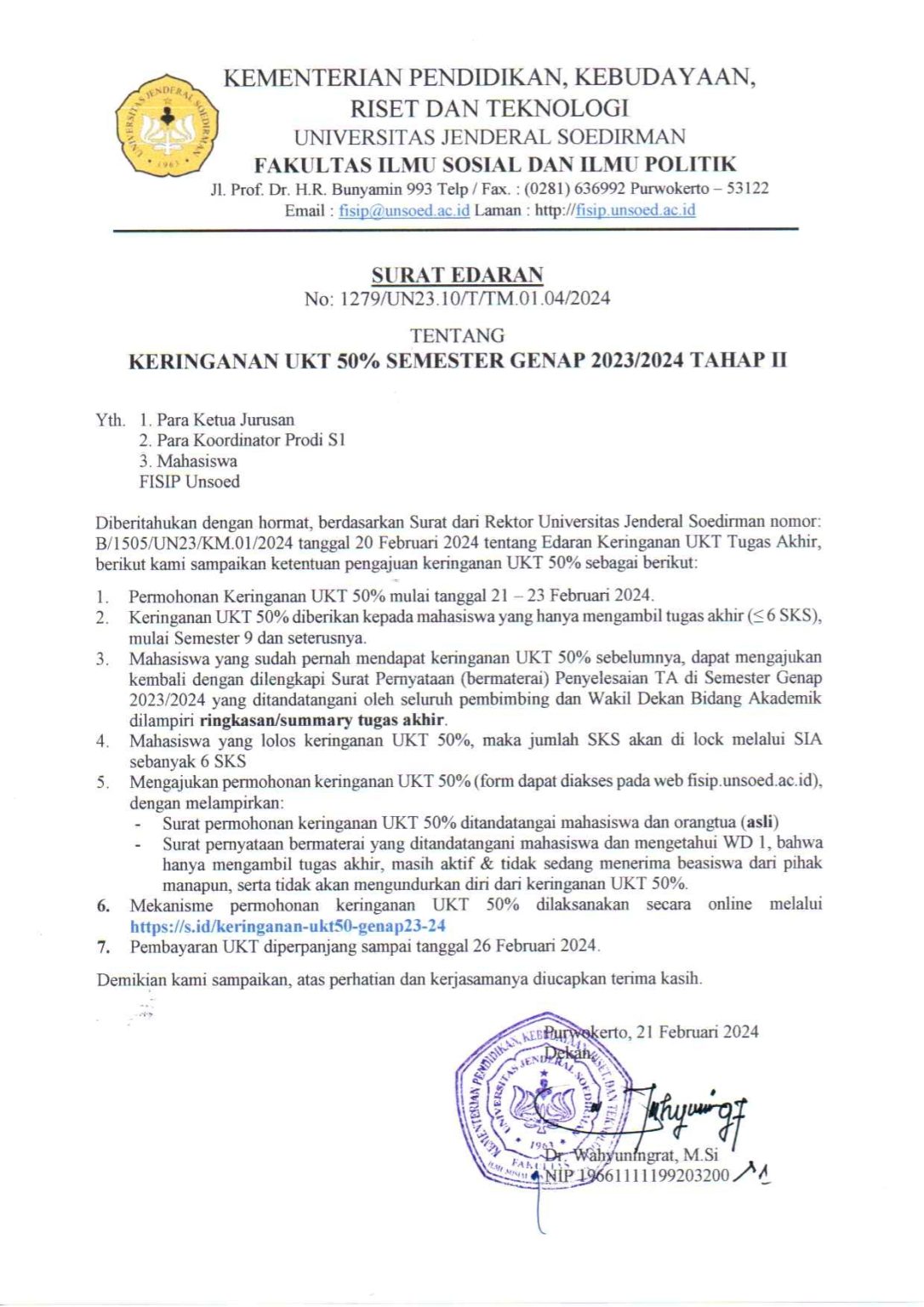 SURAT EDARAN Keringanan UKT 50 Semester Genap 2023 2024 Tahap II